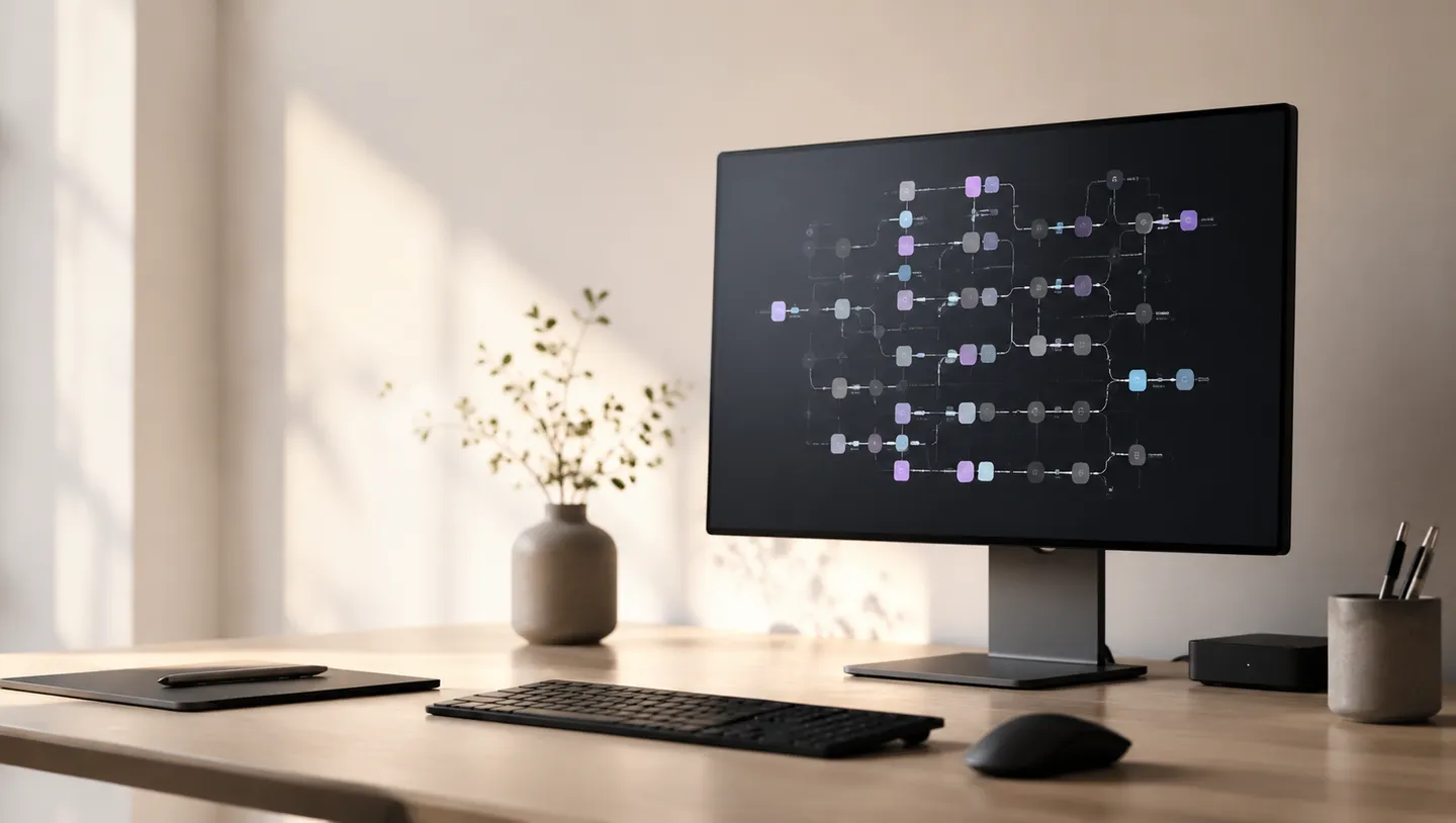 An editorial image of a professional workspace featuring a digital node-based AI workflow editor.