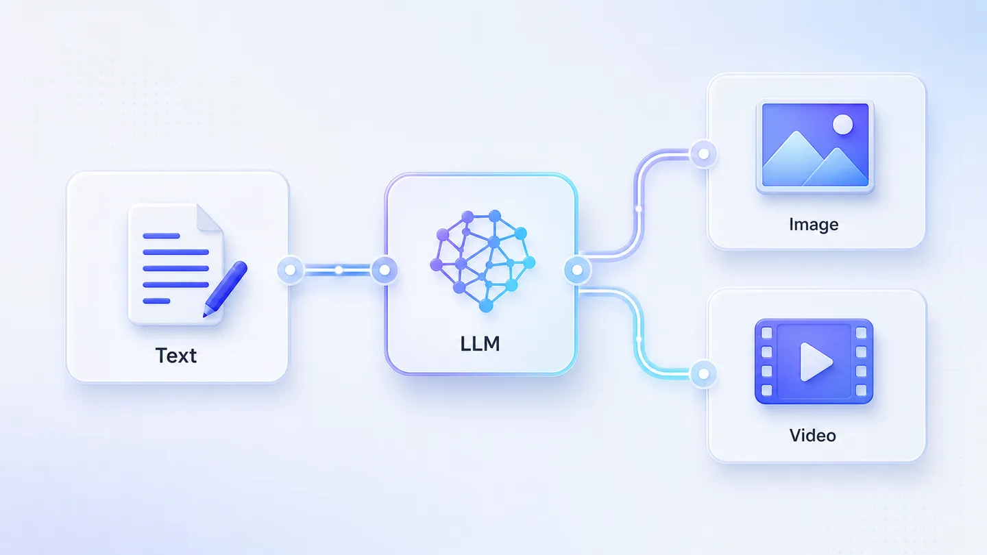 AI workflow diagram showing Text connected to an LLM, then branching to Image and Video generation.