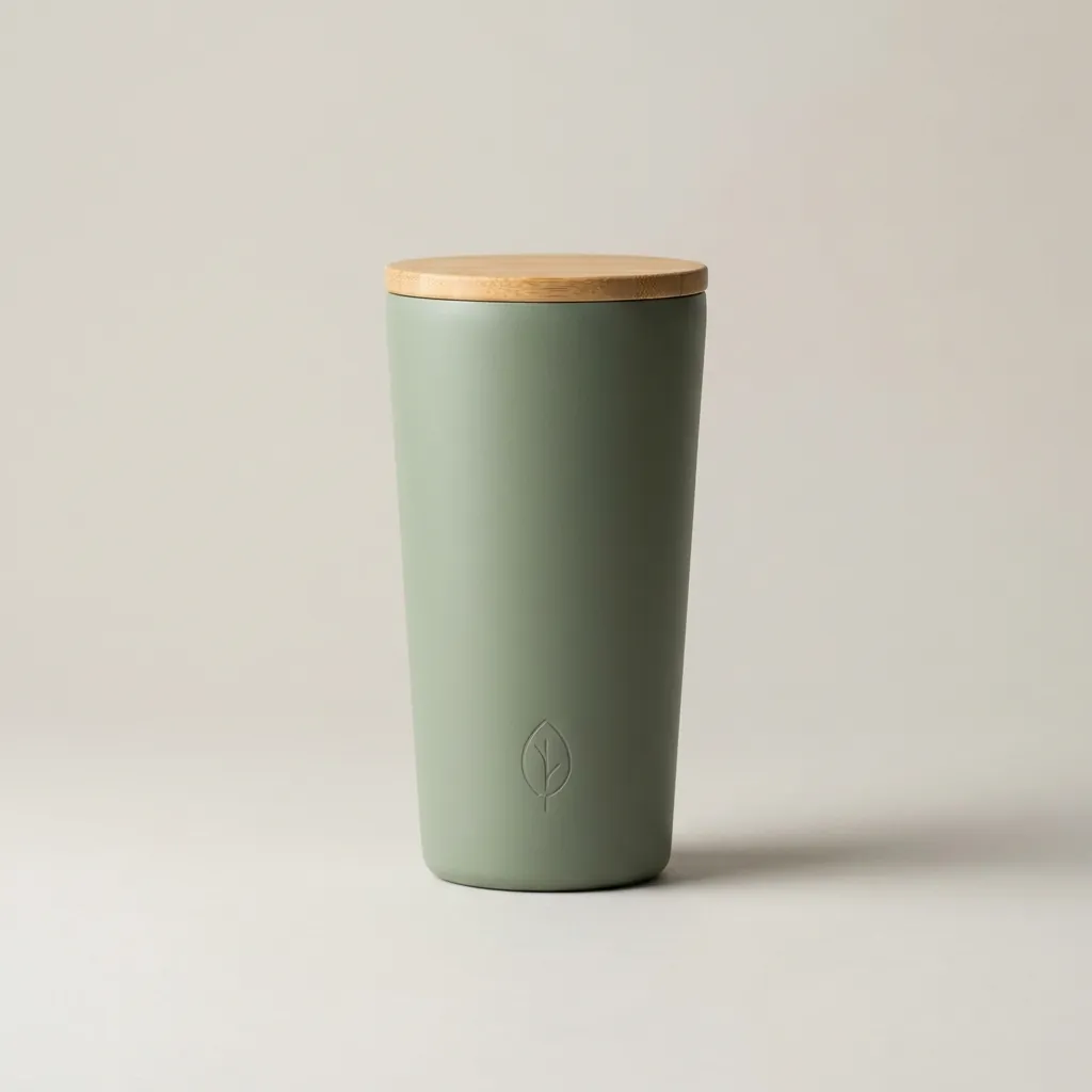 暖淺灰背景上的棚拍圖：霧面鼠尾草綠隨行杯，竹製杯蓋